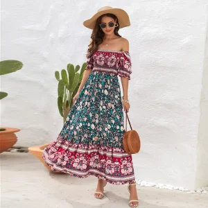 Fashion Women’s Bohemian Beach Vacation Dress Off Shoulder Puff Sleeve European American Style Dresses for Women