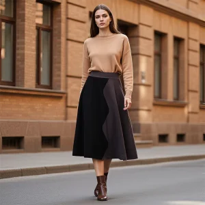 Fashion-forward Color Block Knit High Waist A-Line Women’s Skirt Autumn Commute Wear Ladies Midi Flared Skirt