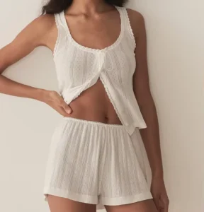 Fashionable Custom Print Solid Color Women Pajamas Set 100% Cotton Pointelle Lace Trim Elastic Waist Front Women Cami Pajama Set Custom