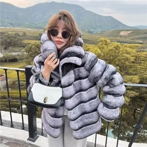 Fashionable Lady Fox Fur Collar Waterproof Thick Long Fur Coat Women’s Chinchilla Lapel Fur Winter Jacket