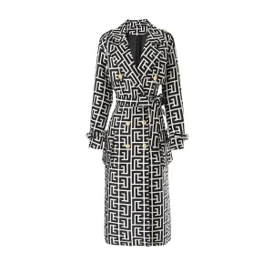 Fashionable Luxury White Stripe Pattern Belt Lace up Over Knee Windbreaker Trench Coat Winter Women’s Coats