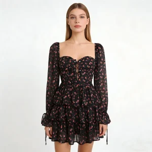 Fashionable Ruffle Sleeve Floral Printed Chiffon Sexy Bustier Mini Women’s Dress for Summer