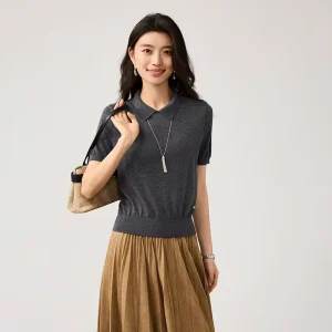Fashionable Short Sleeve Casual Women’s Knit Top Silk Wool Blend Polo Neck Thin Breathable Knitted Sweater
