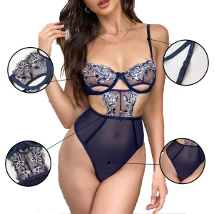 Fashionable Women’s Sexy Bodysuit Underwear Floral Lace Embroidery Ruffles Hollow Out Breathable Mesh One Piece Lingerie
