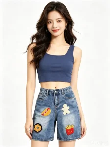 Fast Food Appliqué Loose Fit Denim Knee Shorts
