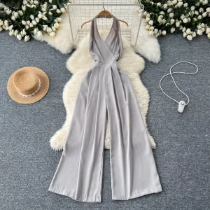 Female Summer Hollow Backless V Neck Hanging Neck Halter Wide Leg Pants Jumpsuit