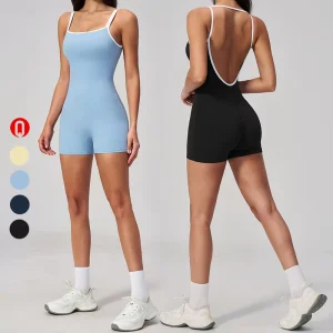 Fitness Tummy Control Yoga Workout Romper Breathable Sportswear Backless Bodysuit Women’s Colorblock Strappy Jumpsuit