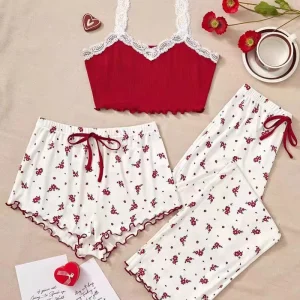 Floral Pajama Set For Women Summer Suspender Short and Long Pants Three-piece Homewear Set
