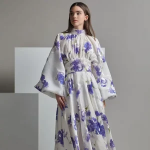Floral Print High Neck Maxi Dress With Lantern Sleeves Women’s Evening Party Gown