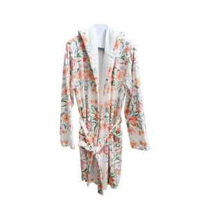 Floral Printed Hooded Bathrobe Double Sided Sherpa Lined Absorbent Home Robe Women Loungewear