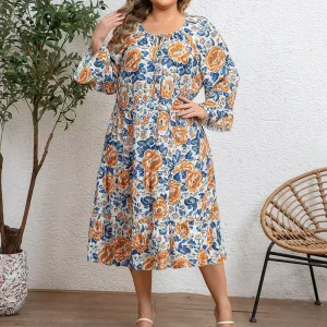 Floral Printed Women’s Plus Size Dress 3/4 Sleeves Drawstring Design Round Neck Loose Midi Skirt Vacation Wear Casual 1XL-5XL