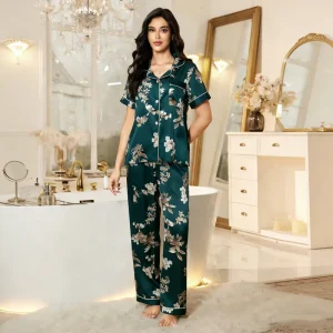 Floral Satin Women’s Pajama Set Elegant Comfortable and Breathable Two Piece Loungewear