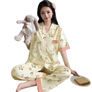 Floral Women’s Pajamas Summer Short sleeve Top And Long Pants Elegant Lightweight Loungewear Set