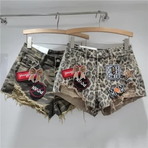 Floralcharm Women’s New Label Design Fashion Leopard Print Ripped Denim Shorts