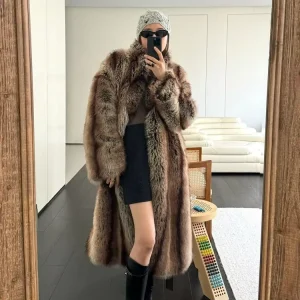 Fluffy Faux Fur Long Overcoat Warm Outwear Fake fox Fur Long Coat with Sleeves for Women