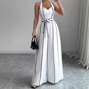 For European American Cross border Women’s New French Striped Sleeveless V neck Black White Contrast Loose Elegant Wide Leg