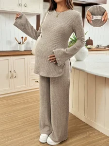 Foreign Trade Autumn Maternity Clothes 2 piece Set Flared Sleeve Side Slit Top Knitted Solid Waist Maternity Maternity