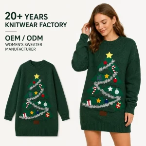 Forest Green Christmas Sweater Women 3D Applique Christmas Tree Knitted Jumper OEM Factory Custom Pullover