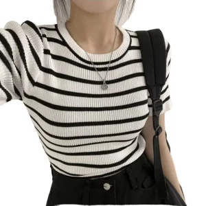 Free Size Women’s Short Puff Sleeve Knit Tops Crewneck Striped T Shirts Casual Summer Blouses