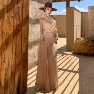 French Beige Halter Neck Maxi Dress Women’s Draped Sleeveless Gown with Flower Detail Backless Vacation Dress