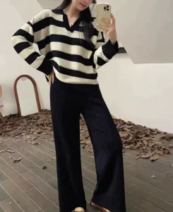 French Check Polo Collar Women’s Set Loose Anti Wrinkle Casual Winter Comfortable Knitted Top + Wide-leg Pants Sweater Set