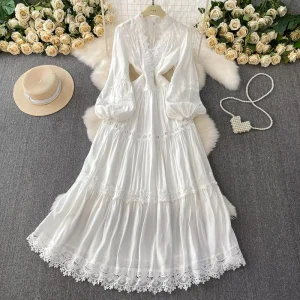 French Elegant Lace V Neck Dress Women’s Fall Bell Sleeve Corset Waist Flowy A Line Gown