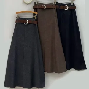 French Elegant Women’s A-line Skirt with Belt Stylish Fall and Winter Casual Plain Skirt