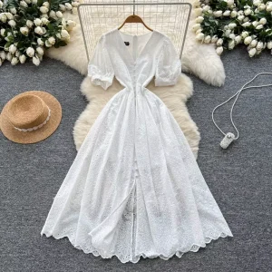French Fairy White Dresses Women’s Summer V-neck Bubble Sleeves Waist Embroidered Holiday Long Vestidos
