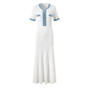French Fashion Women’s Casual Slim Long Midi Dresses Straight A Line Empire Waist Button Autumn Knitted Denim Splicing Collision