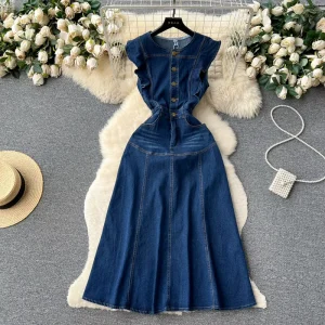 French Hepburn Style Cowboy Dress Female Summer Waist Slimming Temperament Niche Design Sense Chic Dress