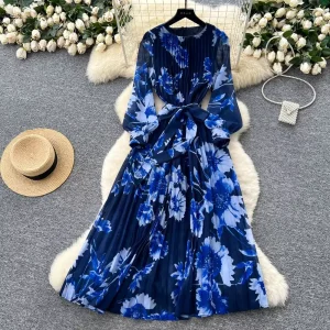 French High Street Women’s Dresses New Straps Waist Cinching Round Neck Lantern Sleeves Pleated Printing Vestidos