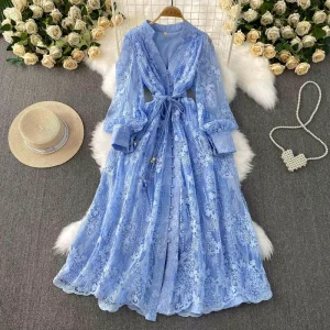 French High end Women’s Summer Embroidered V Neck Lantern Sleeve Long Dresses