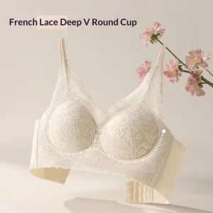 French Lace Deep V Round Cup Bra Wireless Seamless Push Up Lingerie Side Support Anti-sagging Bralette Women Underwear