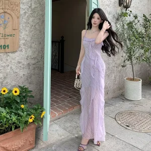 French Lavender Sequin Ruffle Maxi Dress Women’s Spaghetti Strap Bodycon Evening Gown Elegant Purple Formal Dress