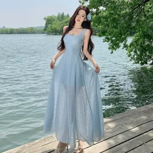 French Light Blue Maxi Dress Women’s Square Neck Sheer Mesh Sundress Sleeveless Slim Fit Elegant Vacation Dress