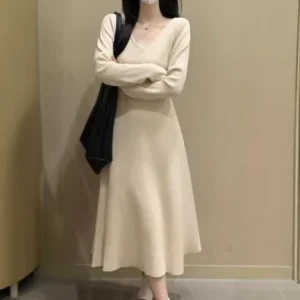 French Long sleeved Autumn Winter Women’s Elegant V neck Solid A line Skirt Long Dress Base