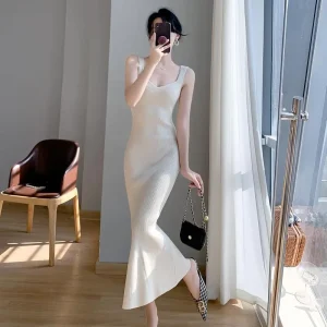French Luxury Spaghetti Strap Slip Skirt Vacant Base Inner Long Fishtail Knitted Dress Women’s Spring Autumn New Arrival