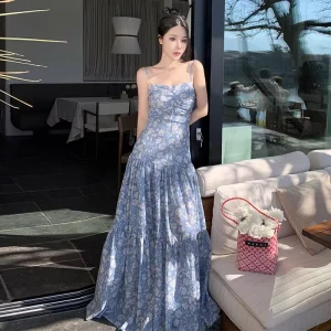 French Off-Shoulder Sexy Backless Bow-Tie Strapless Dress Women’s Floral Print Pleated Dress Beach Resort Beach Dress