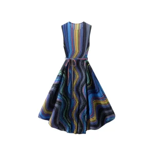 French Print Elegant Women’s Midi Dress Slim Long Hem Casual Pleated Chiffon Dress