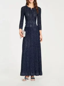 French Ramadan New Glitter Knitted Blue Dress Stripes Round Neck Cardigan Long Skirt Elegant Women’s Sets