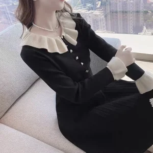 French Retro Black Knitted A Line Ruffles Dress Women’s Autumn Winter Petite Doll Collar Base Little Dress