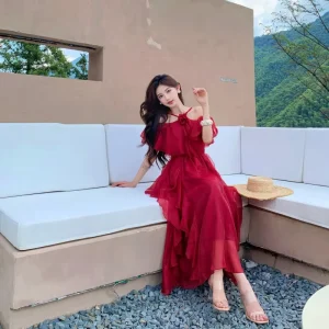 French Retro Red Off-Shoulder Midi Dress Women’s Halter Neck Ruffle Chiffon Dress for Beach Vacation
