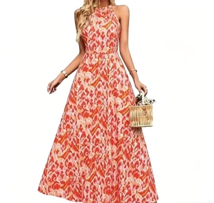 French Romantic Yellow Printed Chiffon Maxi Dress Casual Vintage Translucent Loose Fit Women’s