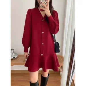 French Ruffled Button A Line Knitted Dress Women’s New Autumn Winter Loose Slimming V Neck Solid Red Sweater Dress