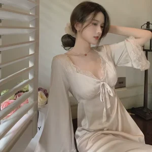 French Sexy Pure Desire Style Sleepwear Women’s High end Long Sleeved Nightgown Ice Silk Home Clothes