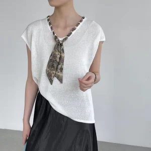 French Silk Scarf Ribbon V Neck Women’s Summer Lightweight Versatile Knit Top