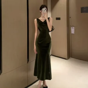 French Sophisticated Evening Gown Long-length Fitted Bodycon Velvet Fishtail Dress Women’s Fall/Winter