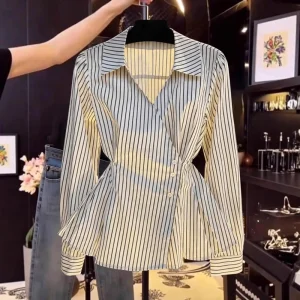 French Striped Casual Women’s Autumn Slimming V-neck Asymmetry Waist Long Sleeve Shirt Niche Chic Top