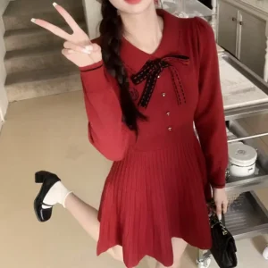 French Style Chic Polo Neck Bow Tie Knitted Solid Long Sleeve Dress Women’s Spring Autumn Winter Defined Waist Pleated
