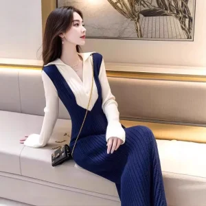 French Style Contrasting Color V-Neck Knitted A-Line Women’s Autumn Winter Elegant Inner Base Sweater Long Dress
